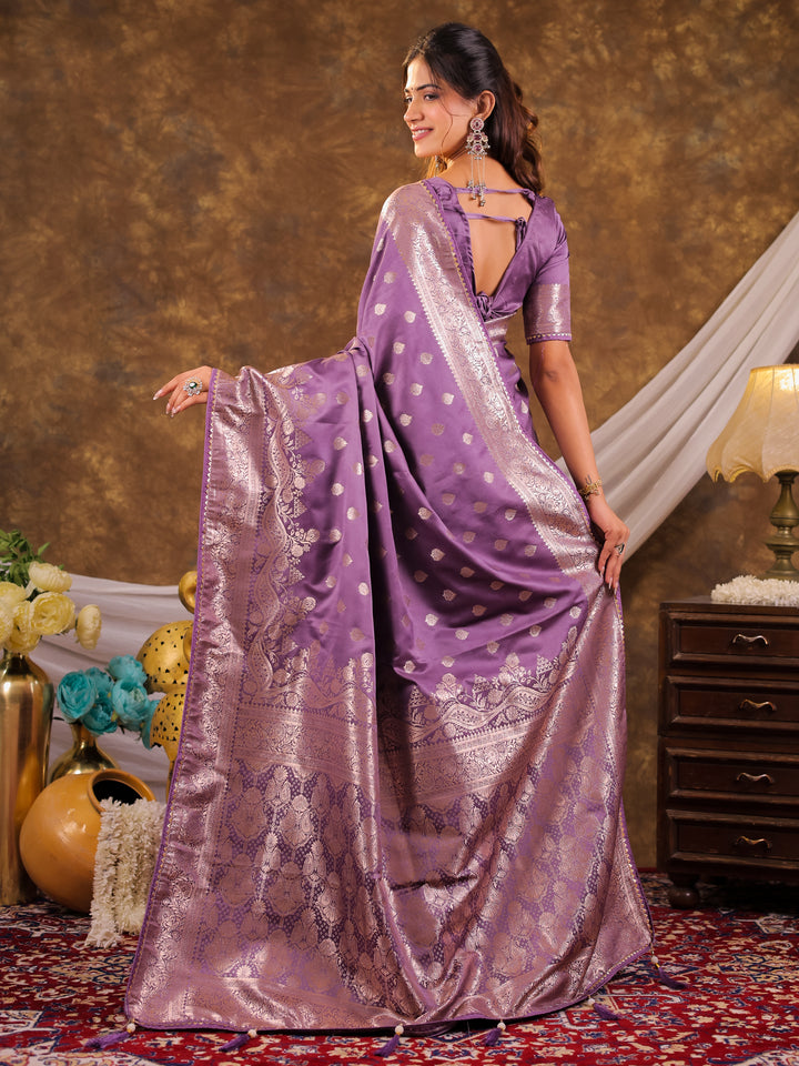 Lavender Kanjivaram Banarasi Satin Silk Saree with Antique Silver Zari Weaving, Rich Heritage Pallu & Tassel Detailing