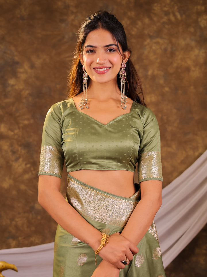 Pistachio Green Kanjivaram Banarasi Satin Silk Saree with Antique Silver Zari Weaving, Rich Heritage Pallu & Tassel Detailing