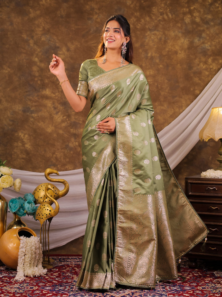 Pistachio Green Kanjivaram Banarasi Satin Silk Saree with Antique Silver Zari Weaving, Rich Heritage Pallu & Tassel Detailing