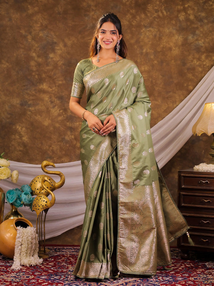 Pistachio Green Kanjivaram Banarasi Satin Silk Saree with Antique Silver Zari Weaving, Rich Heritage Pallu & Tassel Detailing