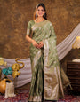 Pistachio Green Kanjivaram Banarasi Satin Silk Saree with Antique Silver Zari Weaving, Rich Heritage Pallu & Tassel Detailing