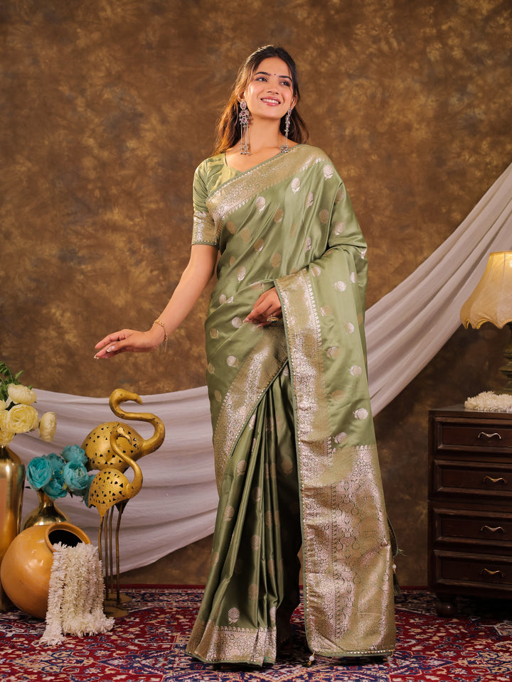 Pistachio Green Kanjivaram Banarasi Satin Silk Saree with Antique Silver Zari Weaving, Rich Heritage Pallu & Tassel Detailing