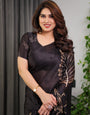 Black Satin Georgette Saree with Gold Leaf Outline Print & Designer Attached Blouse – Elegant Minimal Botanical Saree