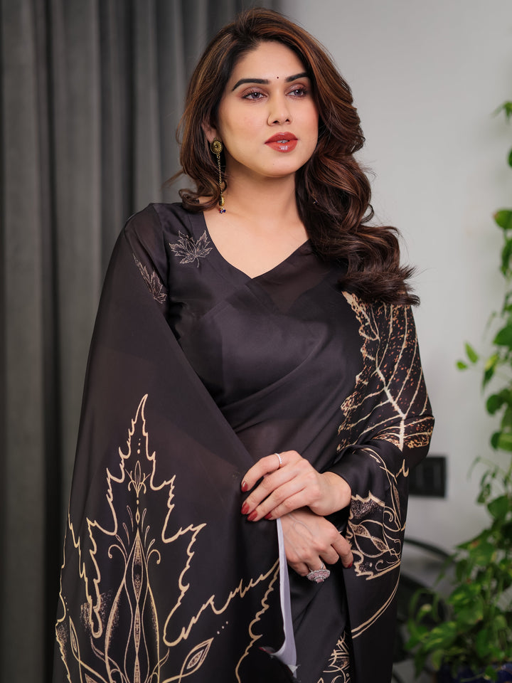 Black Satin Georgette Saree with Gold Leaf Outline Print & Designer Attached Blouse – Elegant Minimal Botanical Saree