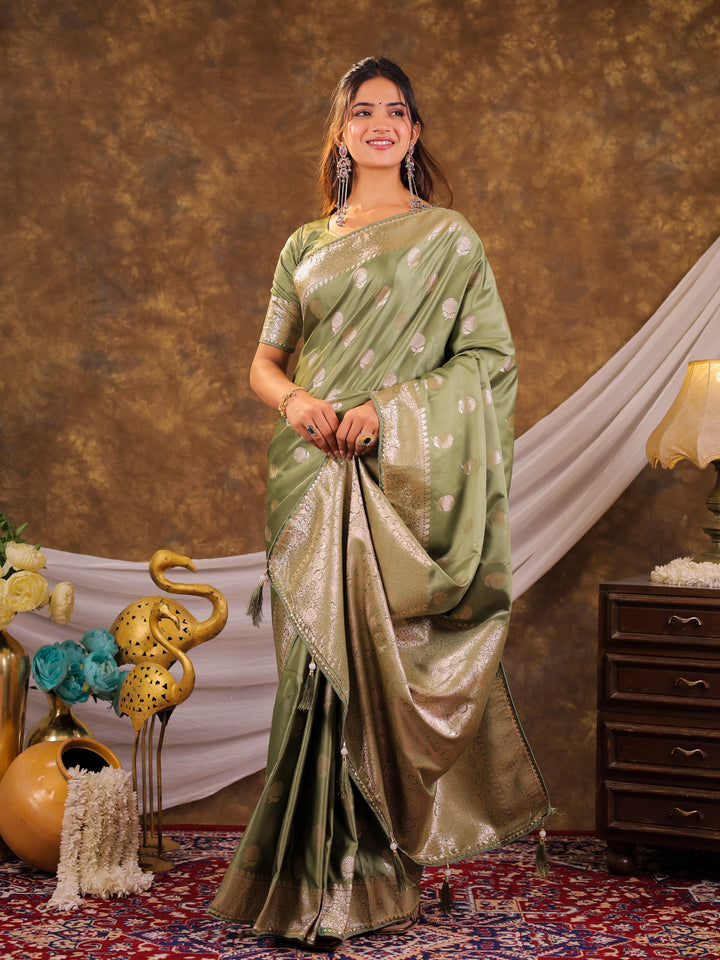 Pistachio Green Kanjivaram Banarasi Satin Silk Saree with Antique Silver Zari Weaving, Rich Heritage Pallu & Tassel Detailing