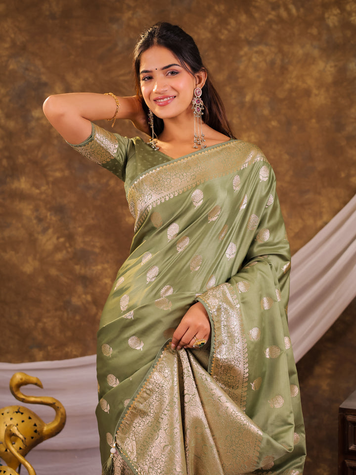 Pistachio Green Kanjivaram Banarasi Satin Silk Saree with Antique Silver Zari Weaving, Rich Heritage Pallu & Tassel Detailing