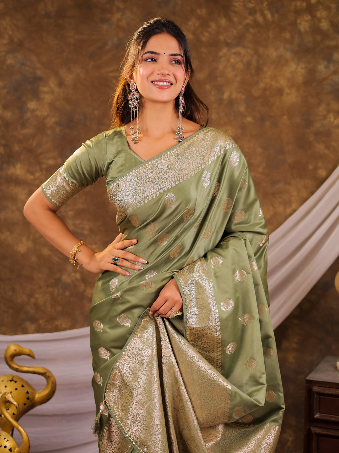 Pistachio Green Kanjivaram Banarasi Satin Silk Saree with Antique Silver Zari Weaving, Rich Heritage Pallu & Tassel Detailing