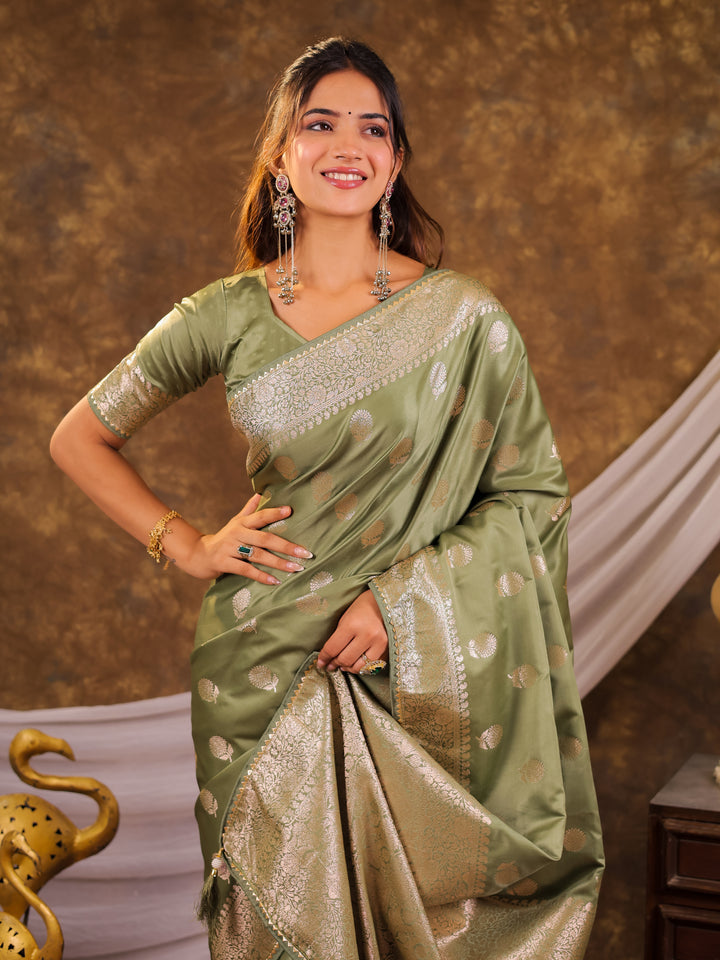 Pistachio Green Kanjivaram Banarasi Satin Silk Saree with Antique Silver Zari Weaving, Rich Heritage Pallu & Tassel Detailing