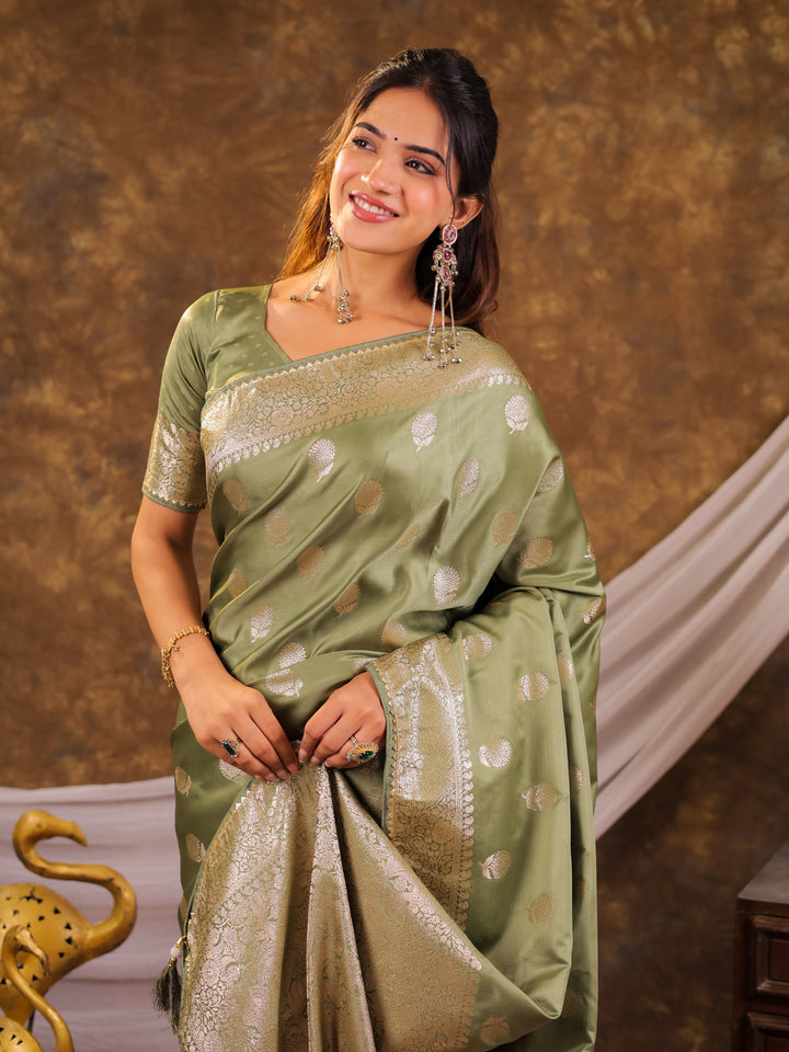 Pistachio Green Kanjivaram Banarasi Satin Silk Saree with Antique Silver Zari Weaving, Rich Heritage Pallu & Tassel Detailing
