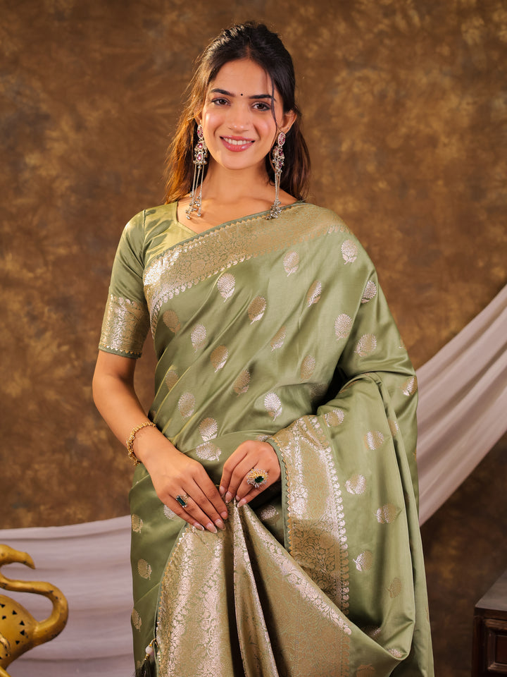 Pistachio Green Kanjivaram Banarasi Satin Silk Saree with Antique Silver Zari Weaving, Rich Heritage Pallu & Tassel Detailing