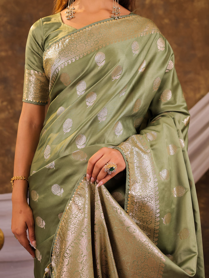 Pistachio Green Kanjivaram Banarasi Satin Silk Saree with Antique Silver Zari Weaving, Rich Heritage Pallu & Tassel Detailing