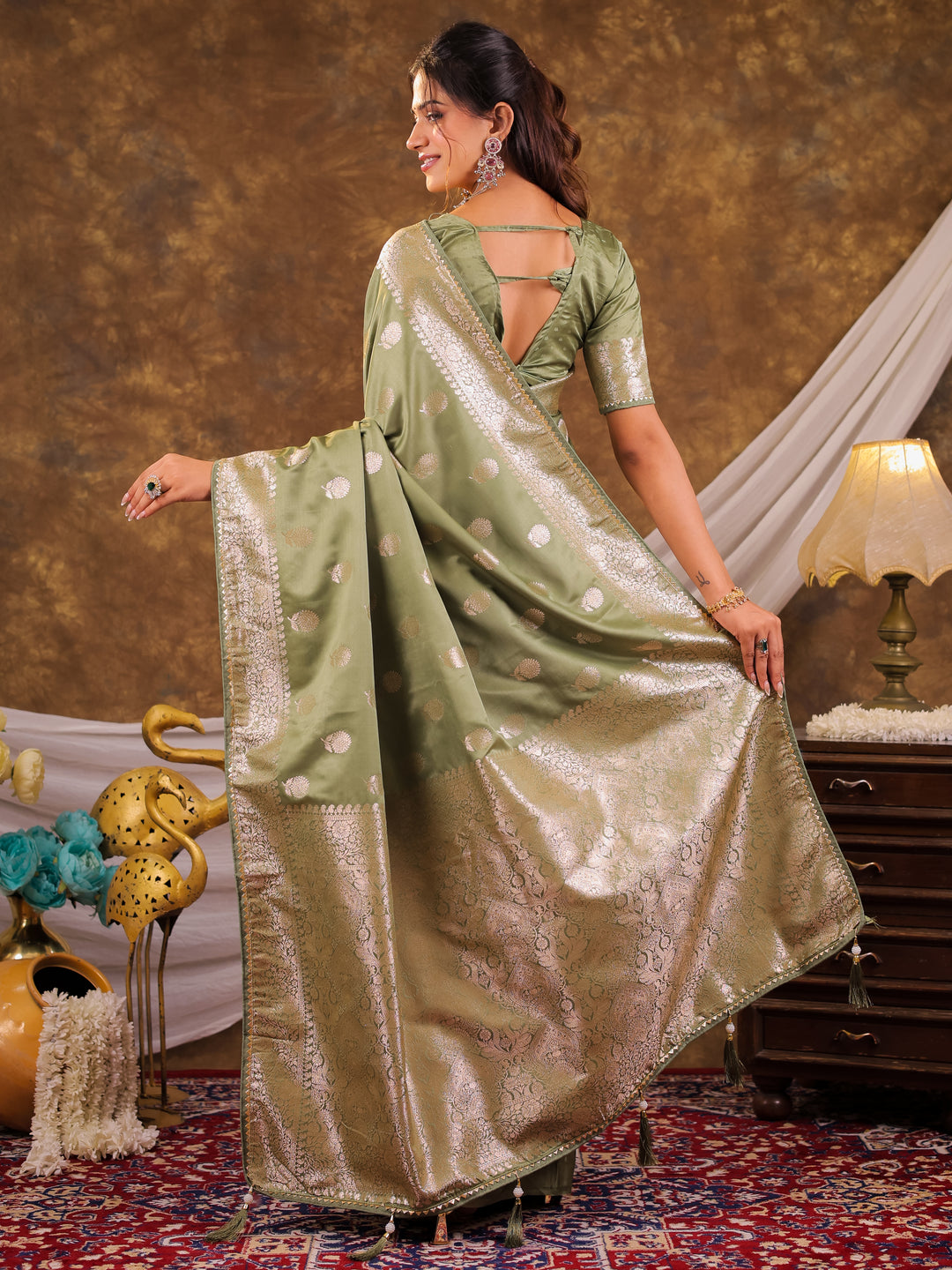 Pistachio Green Kanjivaram Banarasi Satin Silk Saree with Antique Silver Zari Weaving, Rich Heritage Pallu & Tassel Detailing
