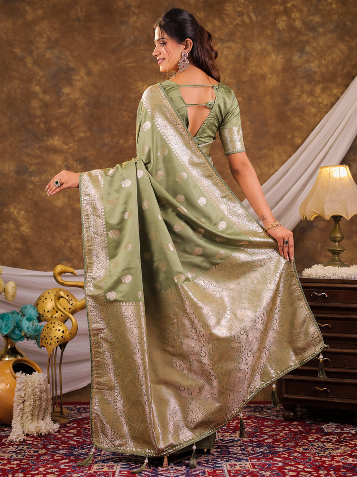 Pistachio Green Kanjivaram Banarasi Satin Silk Saree with Antique Silver Zari Weaving, Rich Heritage Pallu & Tassel Detailing