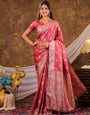 Coral Pink Kanjivaram Banarasi Satin Silk Saree with Antique Silver Zari Weaving, Rich Heritage Pallu & Tassel Detailing