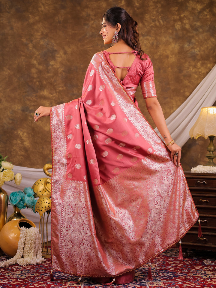 Rose Pink Kanjivaram Banarasi Satin Silk Saree with Antique Silver Zari Weaving, Rich Heritage Pallu & Tassel Detailing