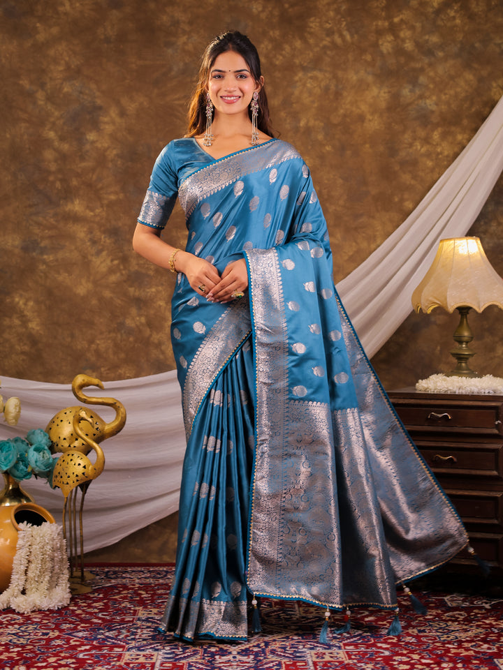 Sky Blue Kanjivaram Banarasi Satin Silk Saree with Antique Silver Zari Weaving, Rich Heritage Pallu & Tassel Detailing