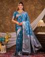 Sky Blue Kanjivaram Banarasi Satin Silk Saree with Antique Silver Zari Weaving, Rich Heritage Pallu & Tassel Detailing