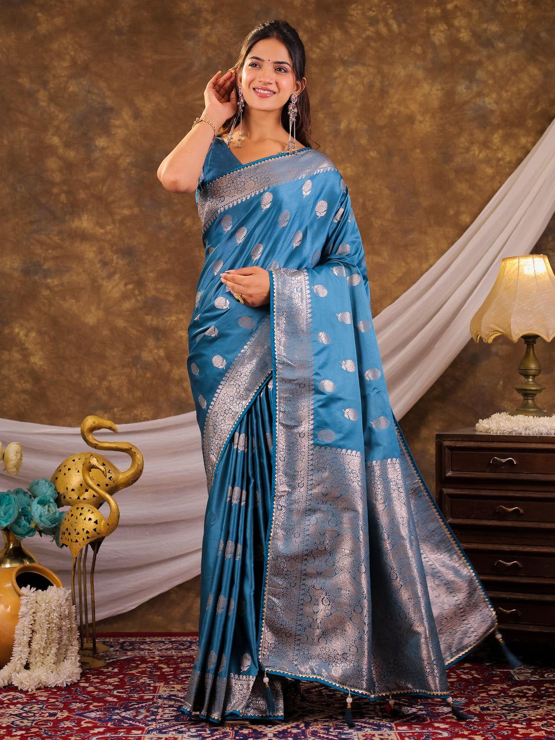 Sky Blue Kanjivaram Banarasi Satin Silk Saree with Antique Silver Zari Weaving, Rich Heritage Pallu & Tassel Detailing