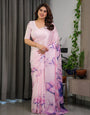 Pastel Pink Satin Georgette Floral Printed Saree with Attached Blouse – Soft Ombre Designer Saree with Purple Bloom Artwork