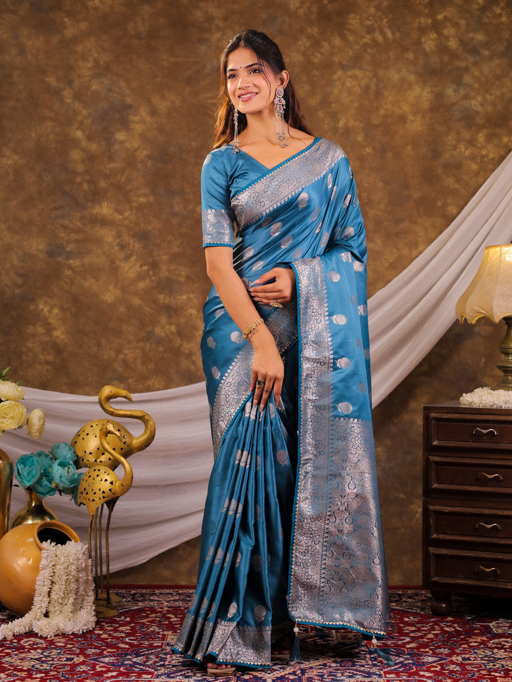 Sky Blue Kanjivaram Banarasi Satin Silk Saree with Antique Silver Zari Weaving, Rich Heritage Pallu & Tassel Detailing