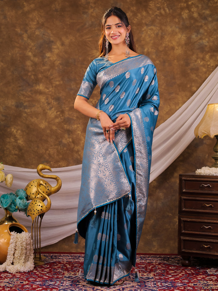 Sky Blue Kanjivaram Banarasi Satin Silk Saree with Antique Silver Zari Weaving, Rich Heritage Pallu & Tassel Detailing