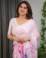 Pastel Pink Satin Georgette Floral Printed Saree with Attached Blouse – Soft Ombre Designer Saree with Purple Bloom Artwork