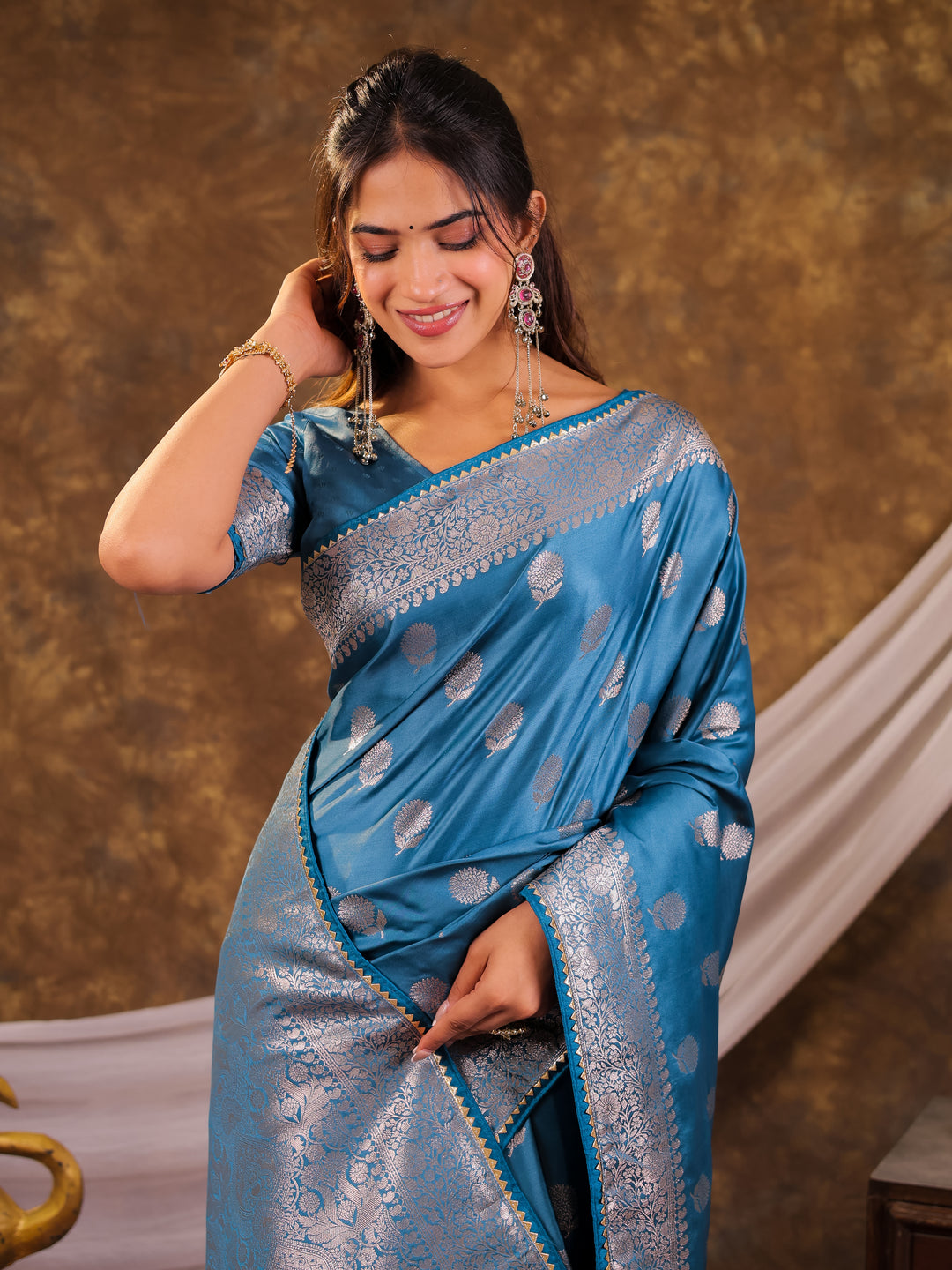 Sky Blue Kanjivaram Banarasi Satin Silk Saree with Antique Silver Zari Weaving, Rich Heritage Pallu & Tassel Detailing