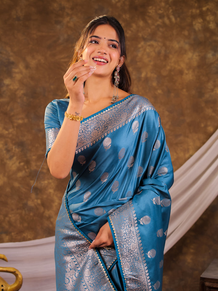 Sky Blue Kanjivaram Banarasi Satin Silk Saree with Antique Silver Zari Weaving, Rich Heritage Pallu & Tassel Detailing