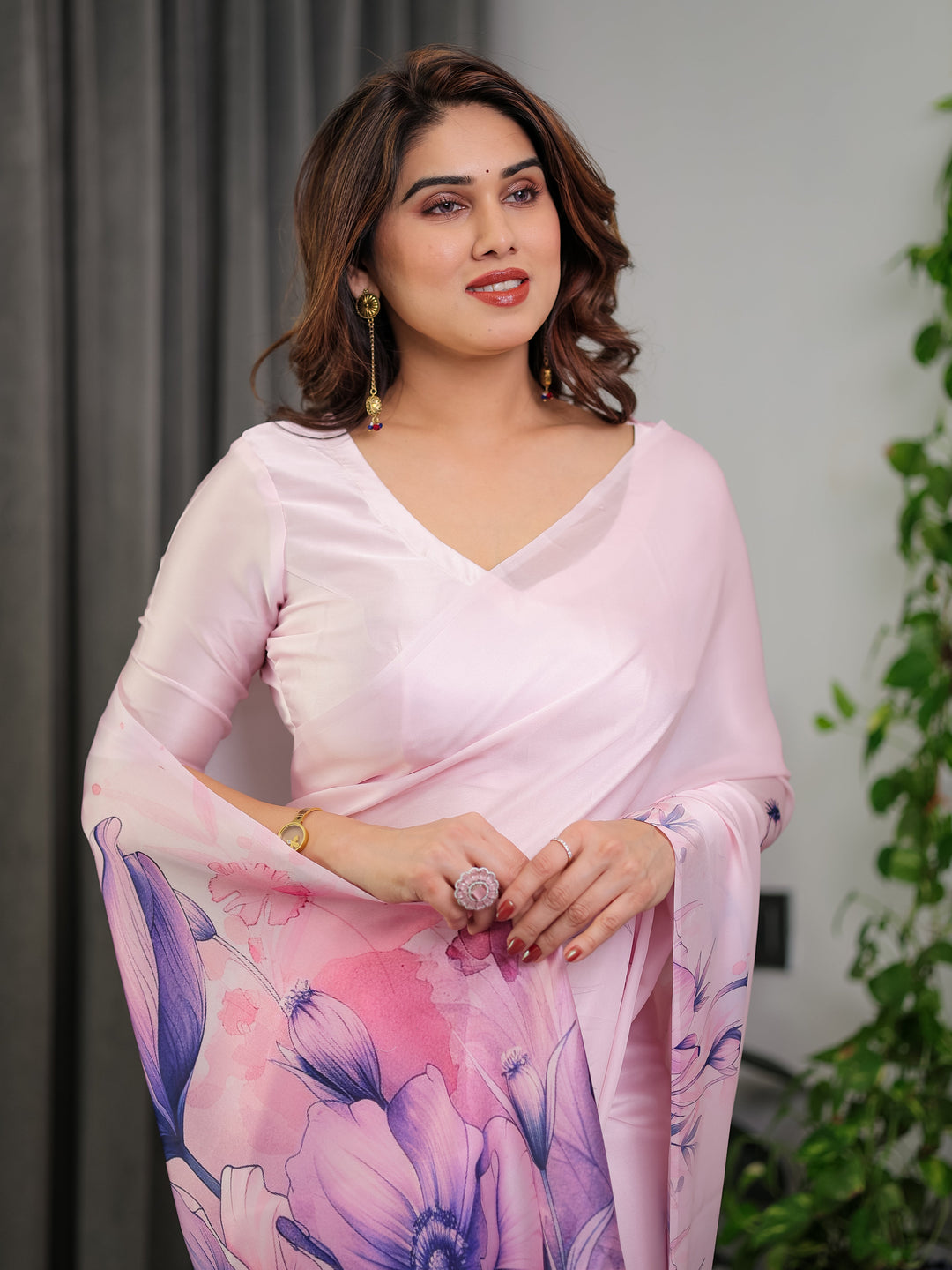 Pastel Pink Satin Georgette Floral Printed Saree with Attached Blouse – Soft Ombre Designer Saree with Purple Bloom Artwork