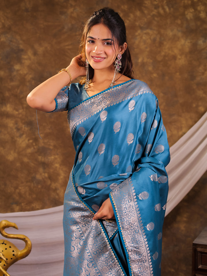 Sky Blue Kanjivaram Banarasi Satin Silk Saree with Antique Silver Zari Weaving, Rich Heritage Pallu & Tassel Detailing