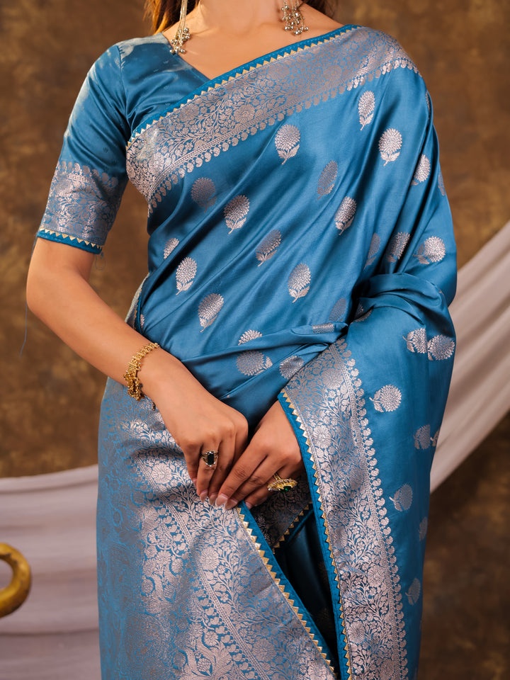 Sky Blue Kanjivaram Banarasi Satin Silk Saree with Antique Silver Zari Weaving, Rich Heritage Pallu & Tassel Detailing
