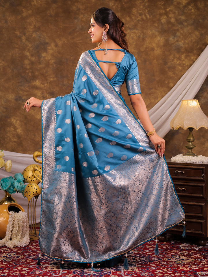 Sky Blue Kanjivaram Banarasi Satin Silk Saree with Antique Silver Zari Weaving, Rich Heritage Pallu & Tassel Detailing
