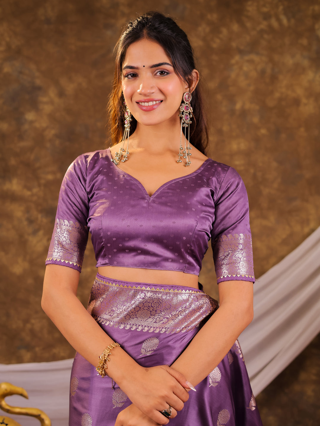 Royal Purple Kanjivaram Banarasi Satin Silk Saree with Antique Silver Zari Weaving, Rich Heritage Pallu & Tassel Detailing