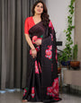 Black Satin Georgette Rose Printed Saree with Attached Blouse – Elegant Partywear Designer Saree with Red Floral Artwork