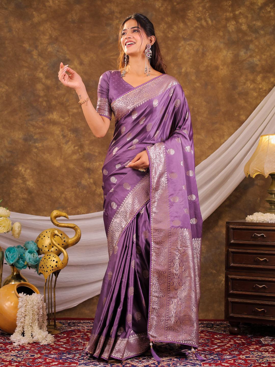 Royal Purple Kanjivaram Banarasi Satin Silk Saree with Antique Silver Zari Weaving, Rich Heritage Pallu & Tassel Detailing
