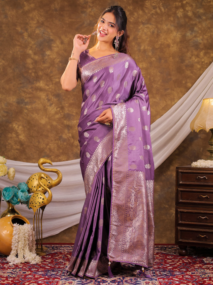 Royal Purple Kanjivaram Banarasi Satin Silk Saree with Antique Silver Zari Weaving, Rich Heritage Pallu & Tassel Detailing