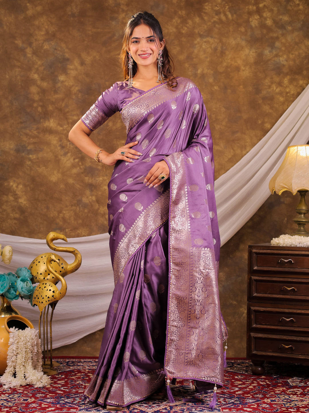 Royal Purple Kanjivaram Banarasi Satin Silk Saree with Antique Silver Zari Weaving, Rich Heritage Pallu & Tassel Detailing