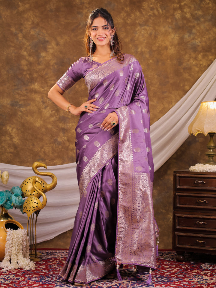 Royal Purple Kanjivaram Banarasi Satin Silk Saree with Antique Silver Zari Weaving, Rich Heritage Pallu & Tassel Detailing