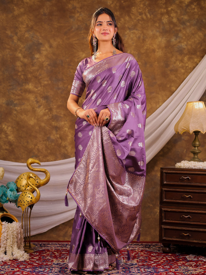 Royal Purple Kanjivaram Banarasi Satin Silk Saree with Antique Silver Zari Weaving, Rich Heritage Pallu & Tassel Detailing