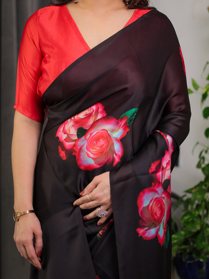 Black Satin Georgette Rose Printed Saree with Attached Blouse – Elegant Partywear Designer Saree with Red Floral Artwork
