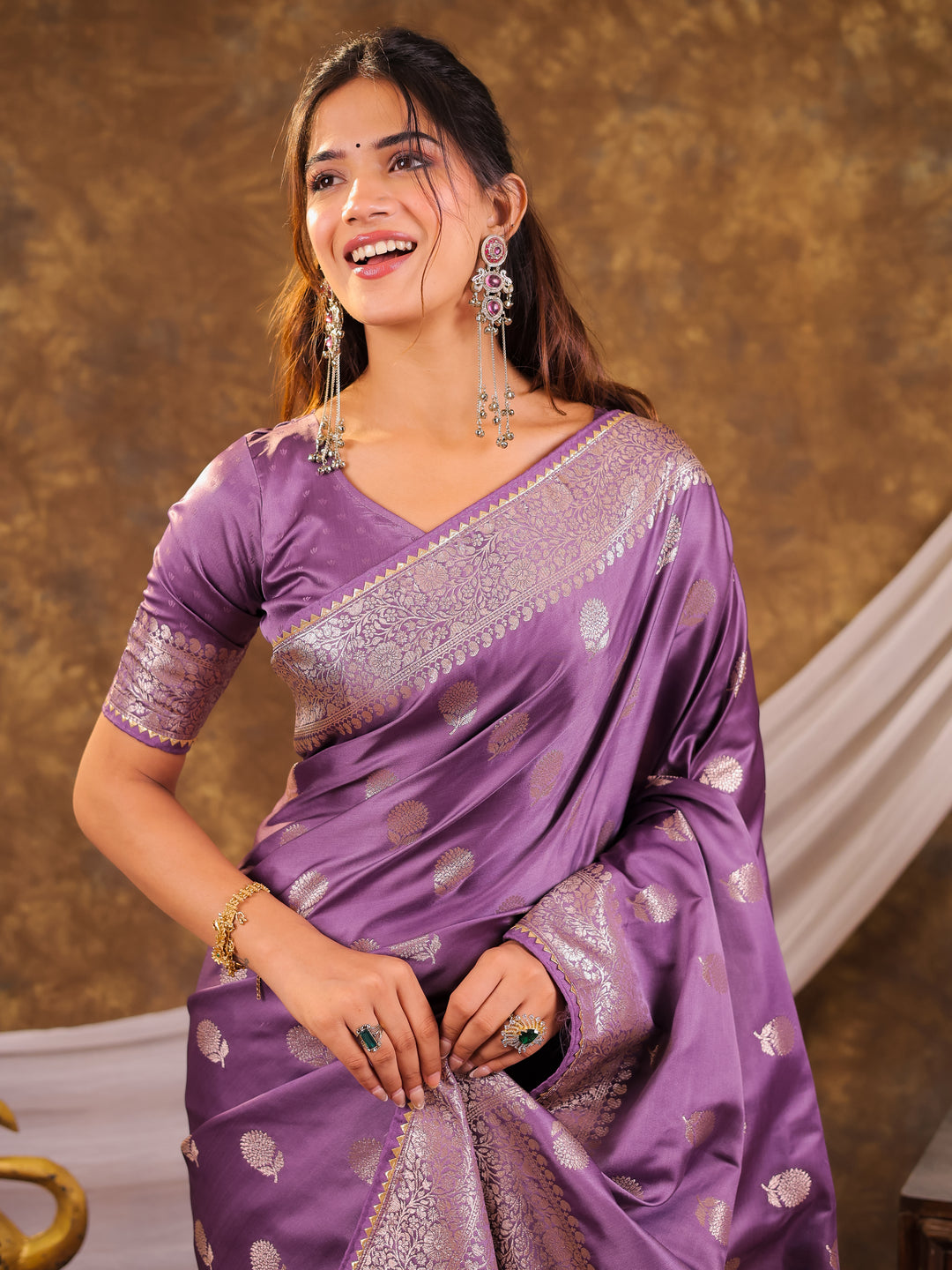 Royal Purple Kanjivaram Banarasi Satin Silk Saree with Antique Silver Zari Weaving, Rich Heritage Pallu & Tassel Detailing