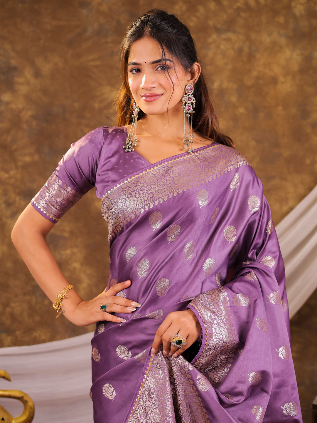 Royal Purple Kanjivaram Banarasi Satin Silk Saree with Antique Silver Zari Weaving, Rich Heritage Pallu & Tassel Detailing