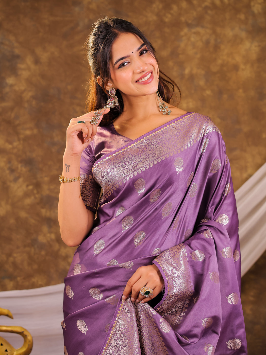 Royal Purple Kanjivaram Banarasi Satin Silk Saree with Antique Silver Zari Weaving, Rich Heritage Pallu & Tassel Detailing
