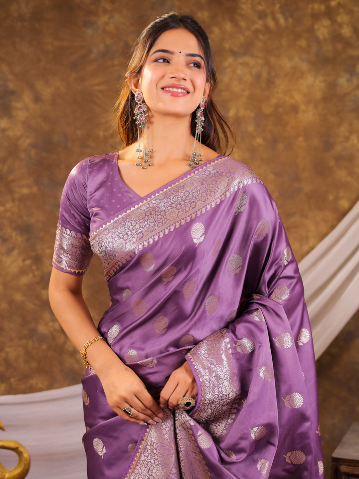 Royal Purple Kanjivaram Banarasi Satin Silk Saree with Antique Silver Zari Weaving, Rich Heritage Pallu & Tassel Detailing