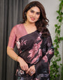 Black Satin Georgette Floral Printed Saree with Attached Blouse – Elegant Soft-Flow Designer Saree in Mauve Pink Florals