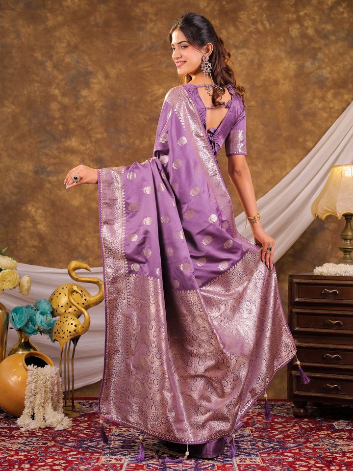 Royal Purple Kanjivaram Banarasi Satin Silk Saree with Antique Silver Zari Weaving, Rich Heritage Pallu & Tassel Detailing