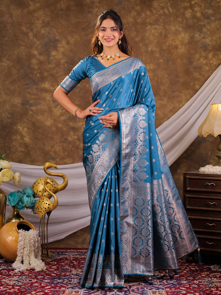 Turquoise Blue Kanjivaram Banarasi Satin Silk Saree with Antique Silver Zari Weaving, Rich Heritage Pallu & Tassel Detailing