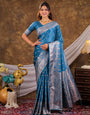Turquoise Blue Kanjivaram Banarasi Satin Silk Saree with Antique Silver Zari Weaving, Rich Heritage Pallu & Tassel Detailing