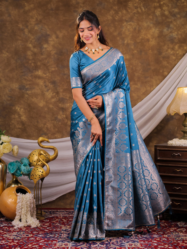 Turquoise Blue Kanjivaram Banarasi Satin Silk Saree with Antique Silver Zari Weaving, Rich Heritage Pallu & Tassel Detailing