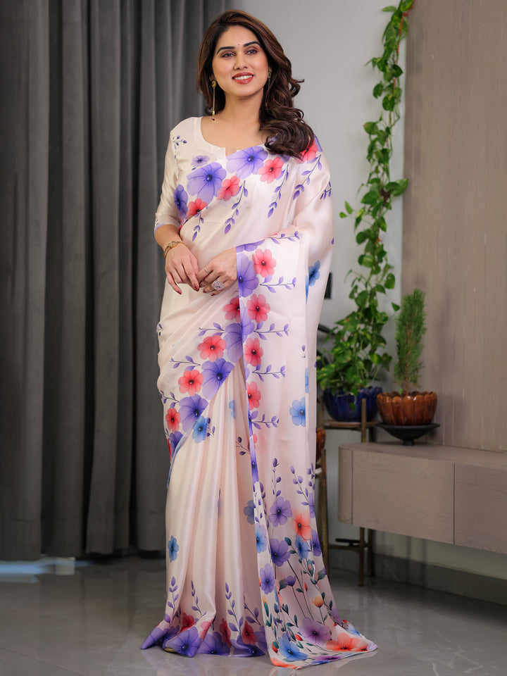 Cream Satin Georgette Multicolor Floral Printed Saree with Attached Blouse – Soft Pastel Designer Saree for Festive & Elegant Wear